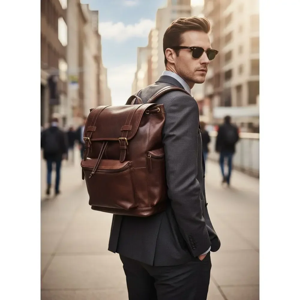 Bosca Leather Backpack Mens Large 40L Laptop Travel Bag Brown Full Grain Utility